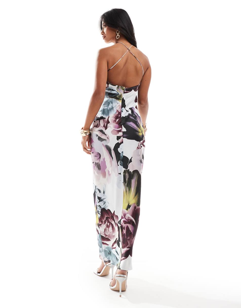 ASOS DESIGN Petite satin halter neck maxi dress with gathered bust and keyhole slit in overscale floral
