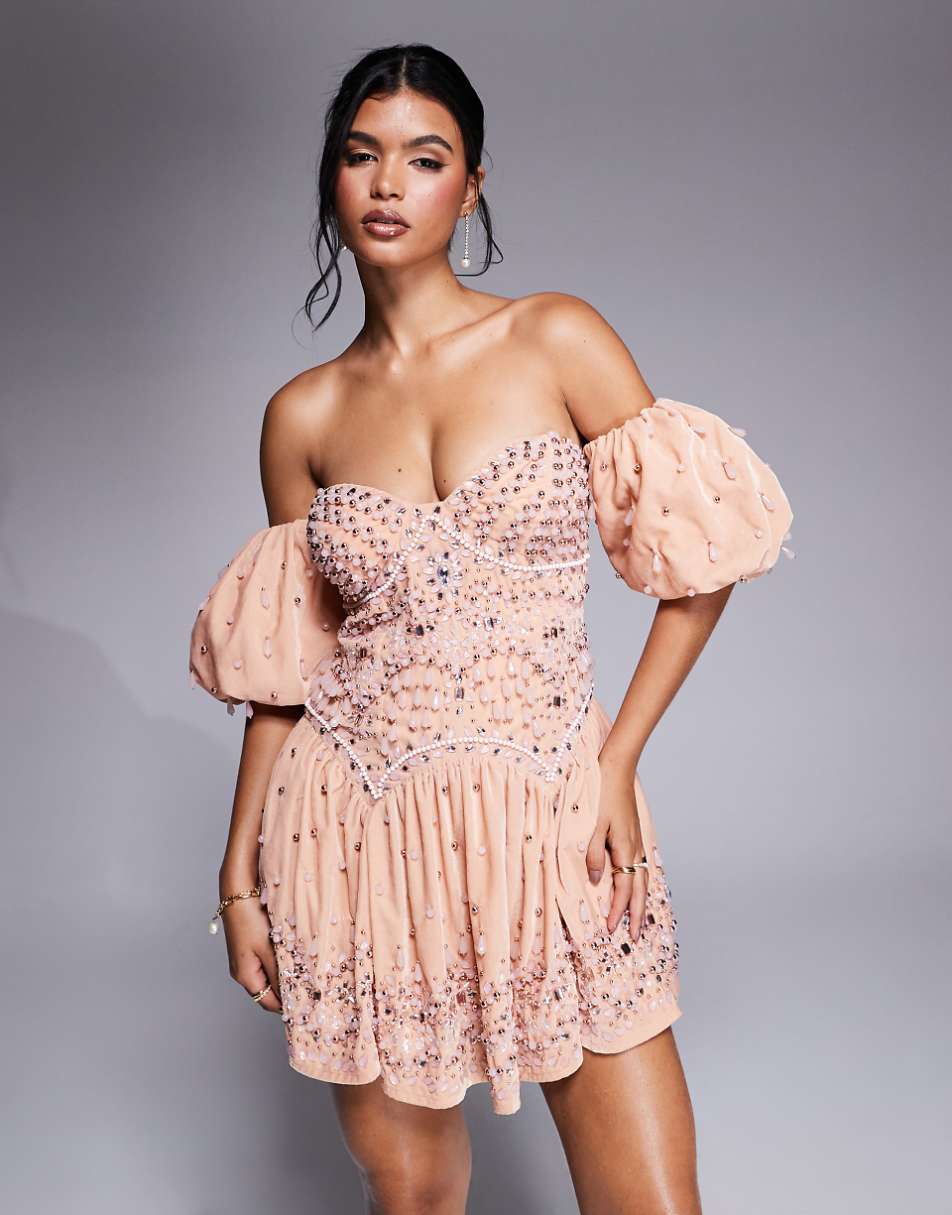 ASOS LUXE gem embellished off-shoulder puff sleeve velvet mini dress in peach
