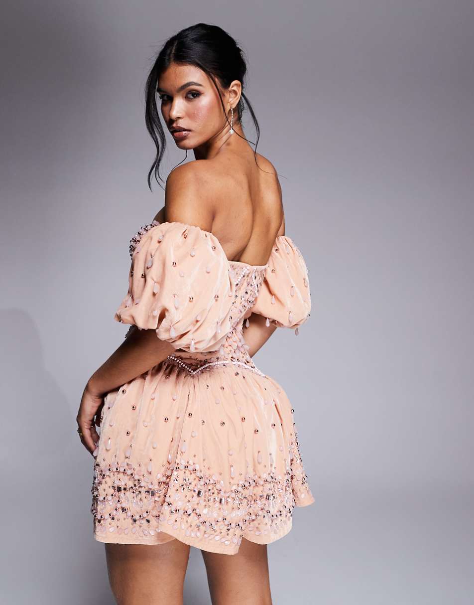ASOS LUXE gem embellished off-shoulder puff sleeve velvet mini dress in peach