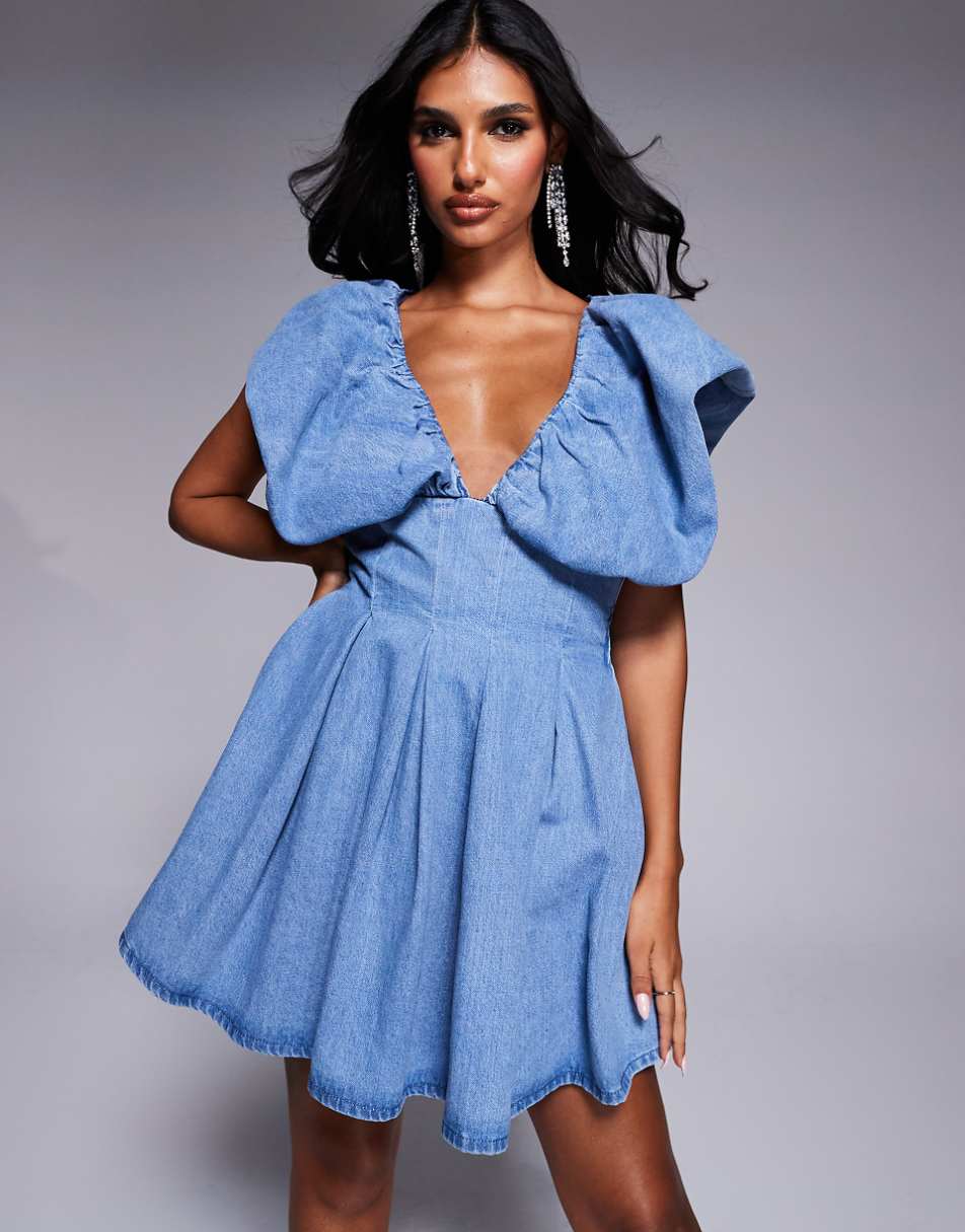 ASOS LUXE denim bubble plunge mini dress in light wash blue