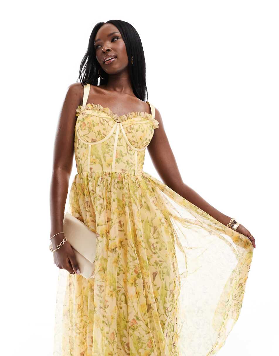 Lace & Beads corset midi dress in yellow floral