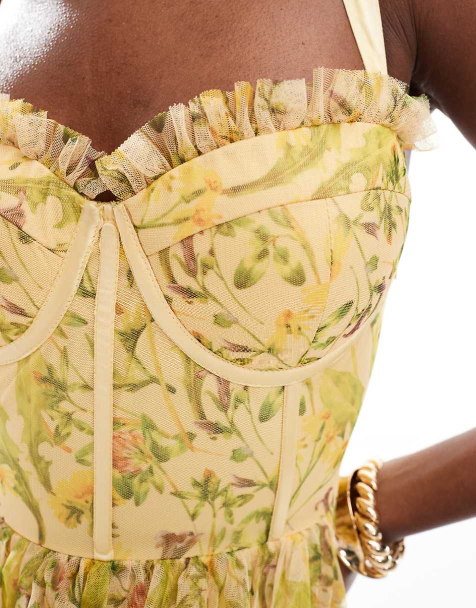Lace & Beads corset midi dress in yellow floral