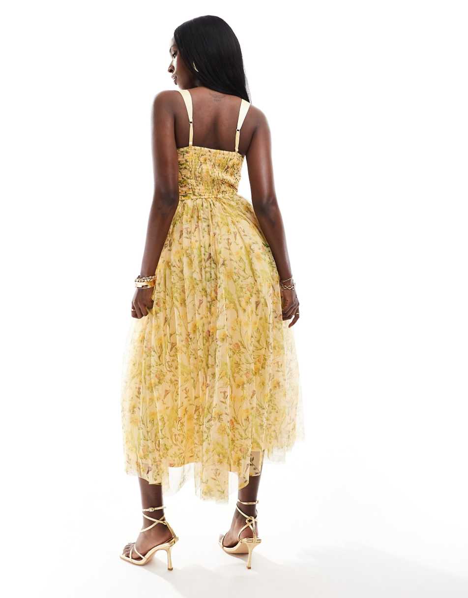 Lace & Beads corset midi dress in yellow floral