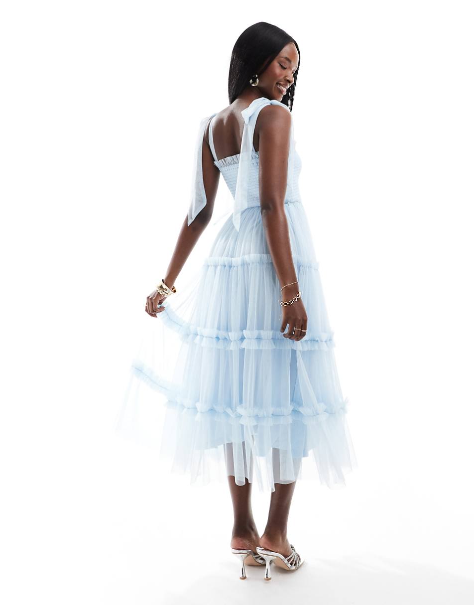 Lace & Beads bow shoulder ruffle midi dress in sky blue