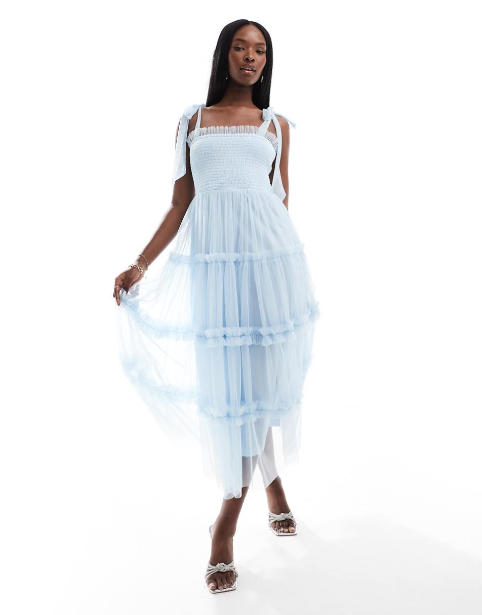 Lace & Beads bow shoulder ruffle midi dress in sky blue