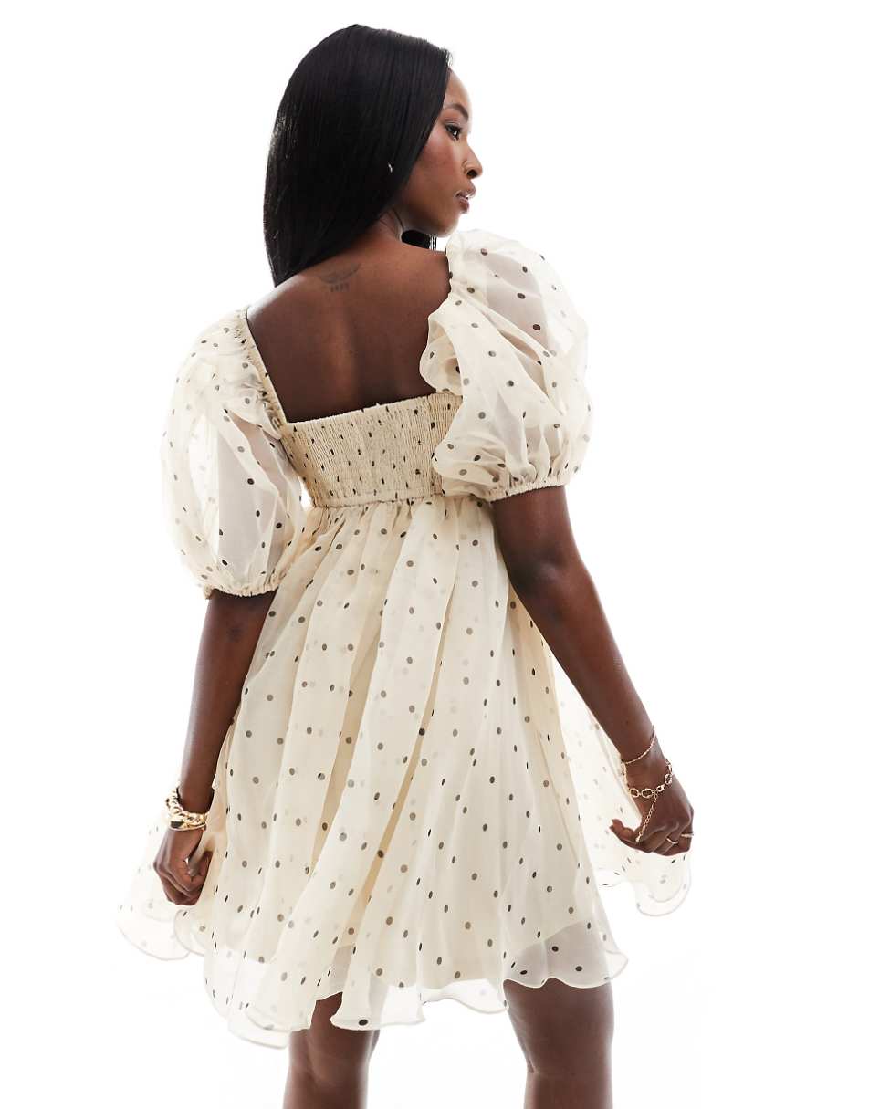 Lace & Beads square neck babydoll organza mini dress in polka dot