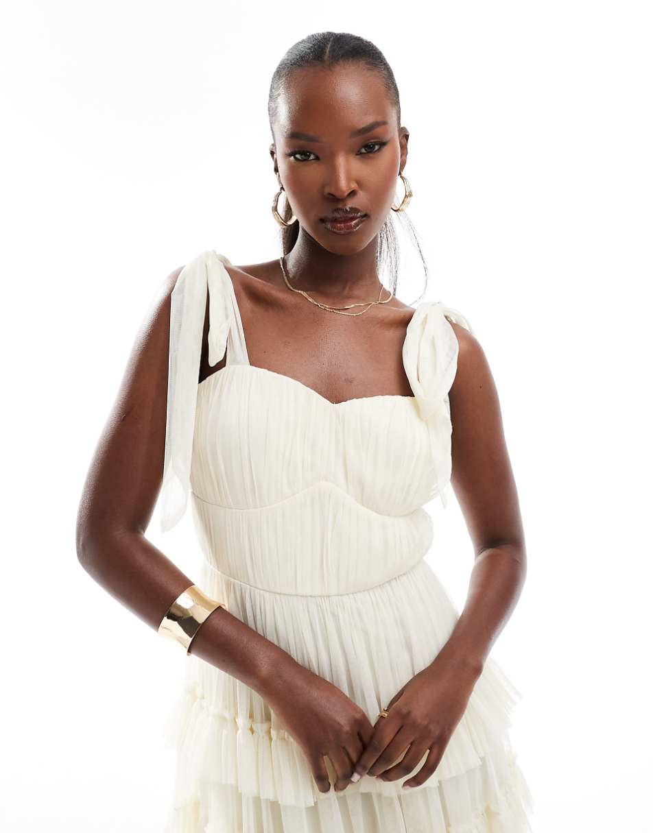 Lace & Beads bow ruffle midaxi dress in vintage cream