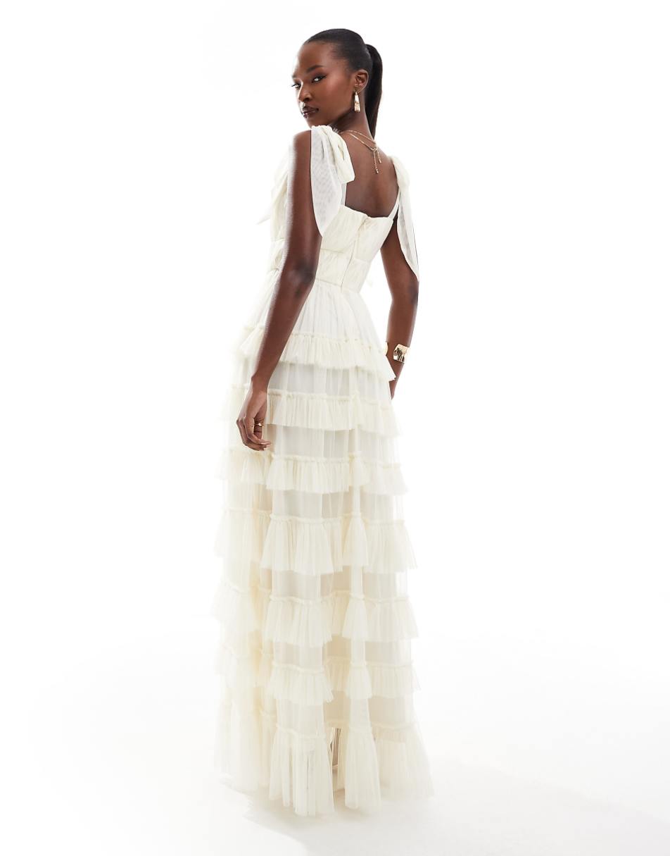 Lace & Beads bow ruffle midaxi dress in vintage cream