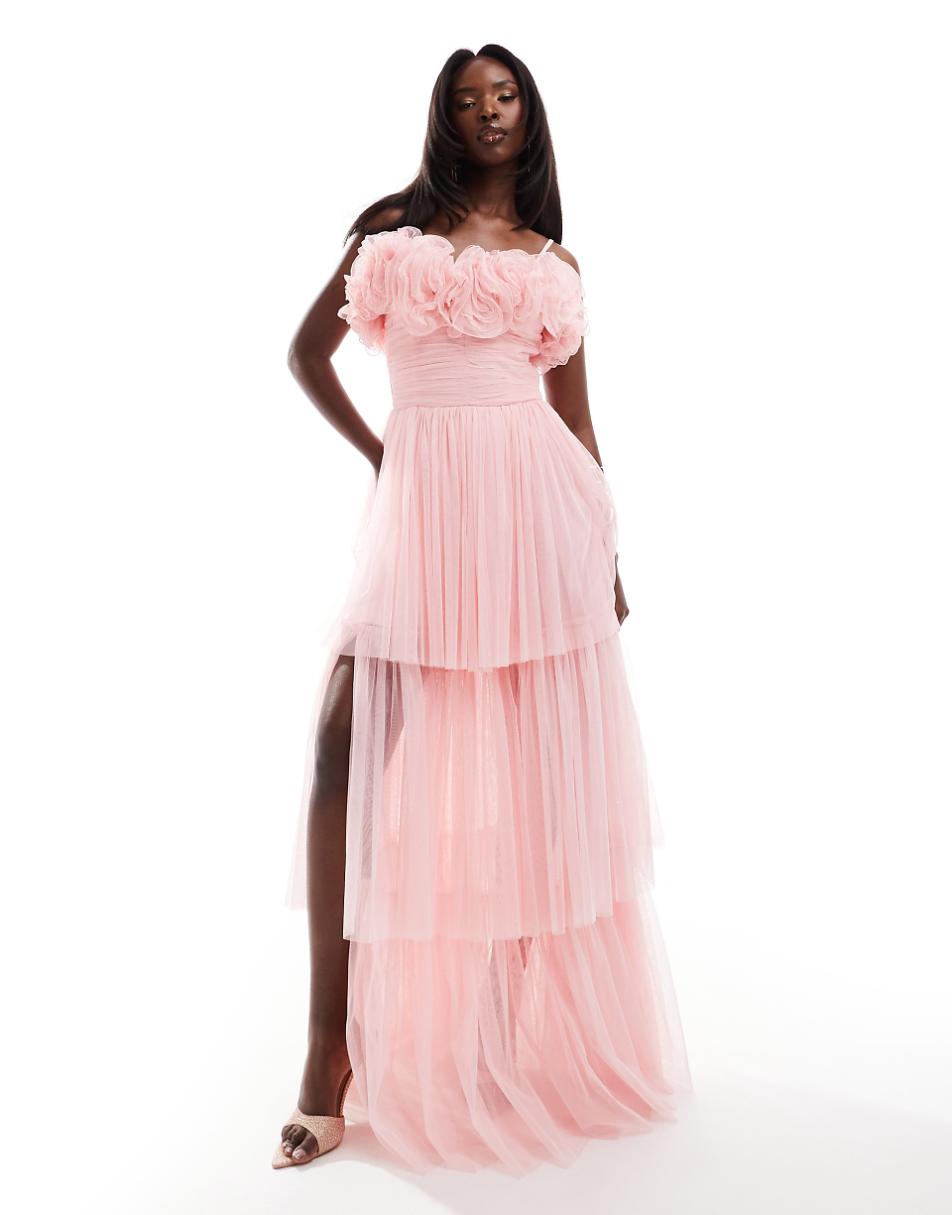 Lace & Beads corsage tulle maxi dress in powder pink