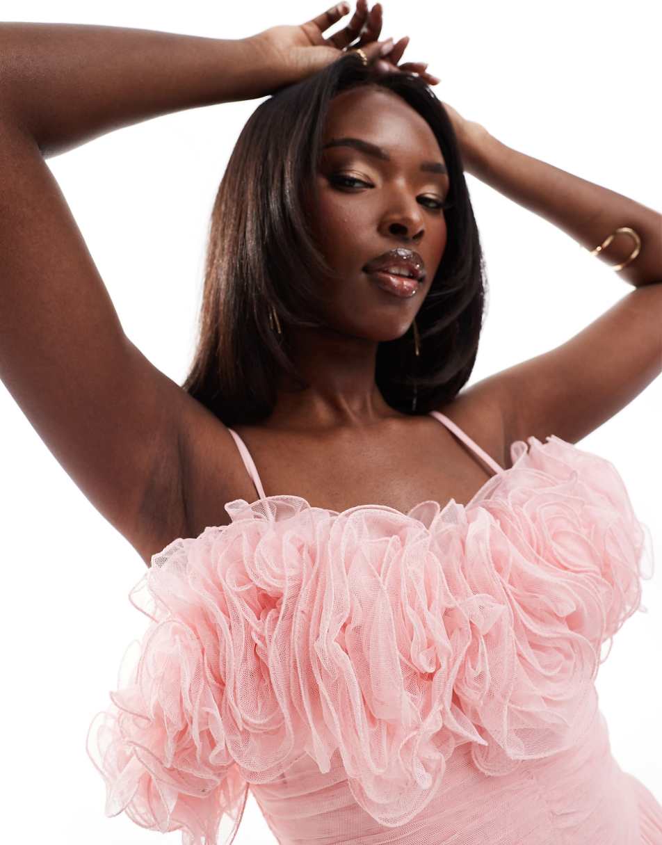 Lace & Beads corsage tulle maxi dress in powder pink