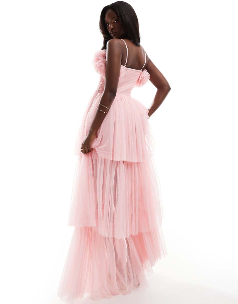 Lace & Beads corsage tulle maxi dress in powder pink