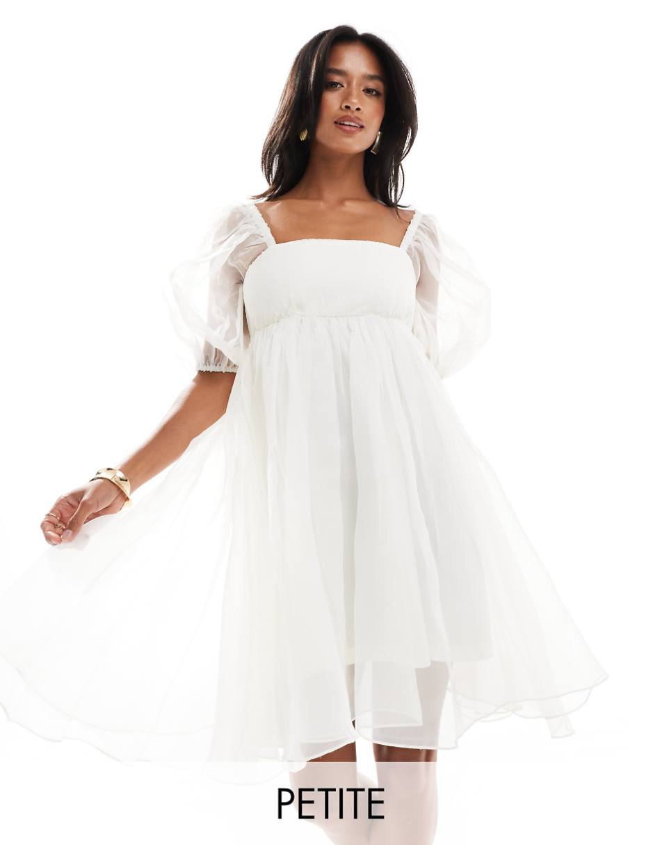 Lace & Beads Petite square neck babydoll organza mini dress in ivory