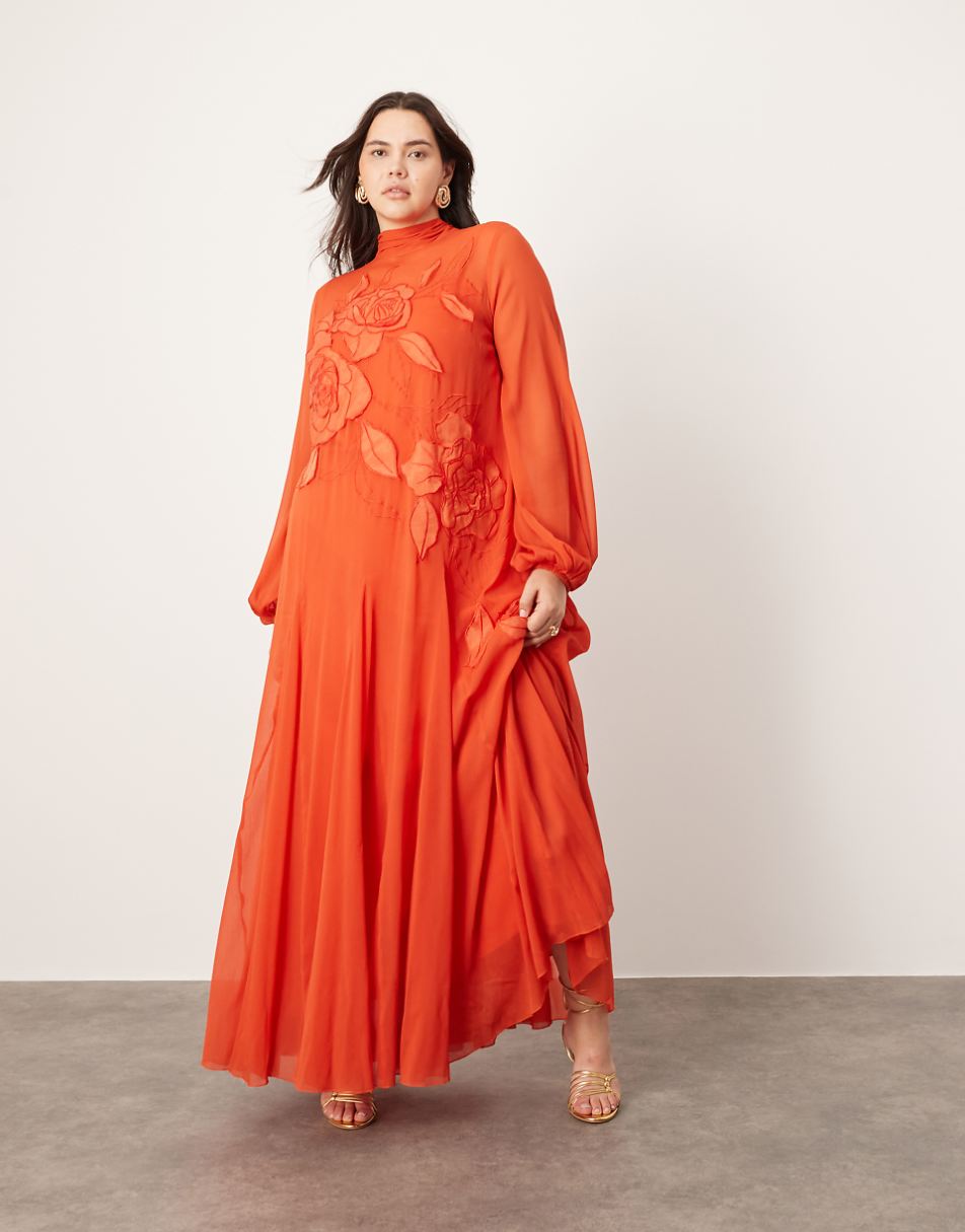 ASOS EDITION Curve applique floral tie neck blouson sleeve trapeze maxi dress in red