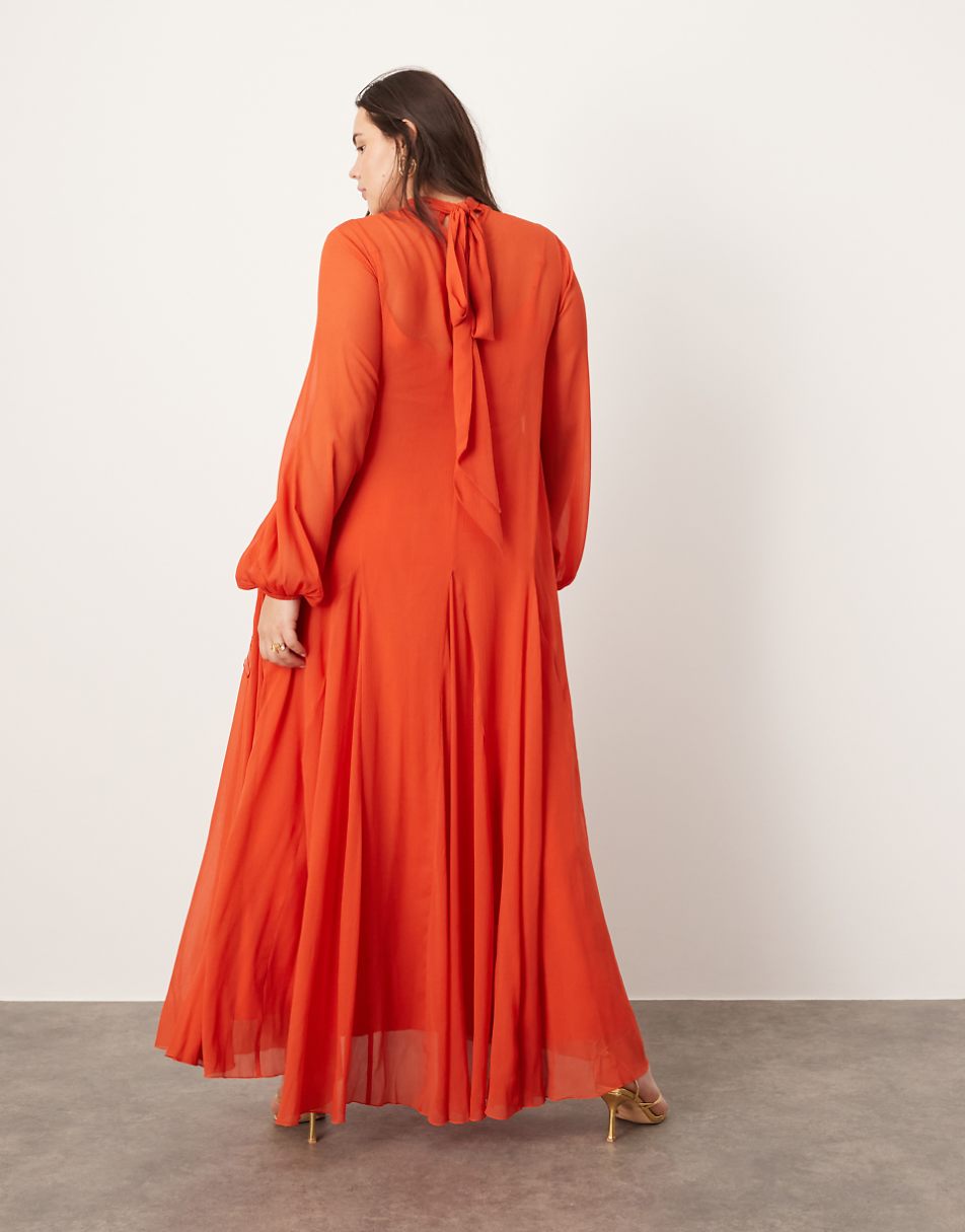 ASOS EDITION Curve applique floral tie neck blouson sleeve trapeze maxi dress in red