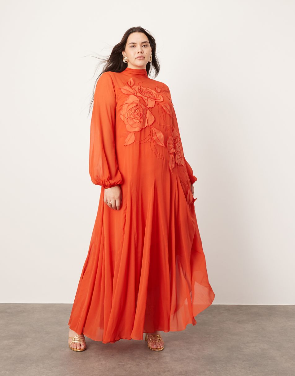 ASOS EDITION Curve applique floral tie neck blouson sleeve trapeze maxi dress in red
