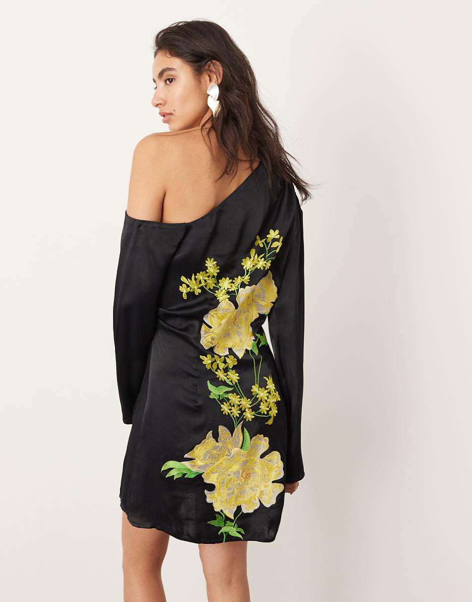 ASOS EDITION satin floral embroidered off shoulder long sleeve mini dress in black