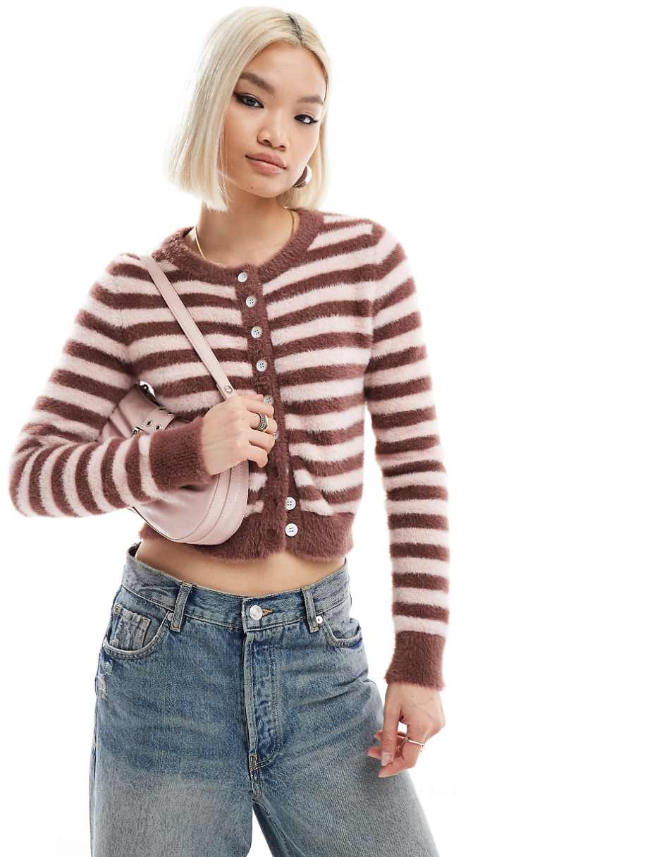 Daisy Street micro button up knit cardigan in pink brown stripe