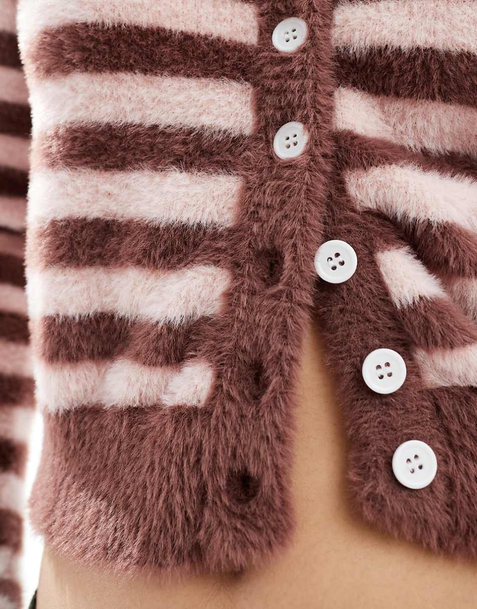 Daisy Street micro button up knit cardigan in pink brown stripe