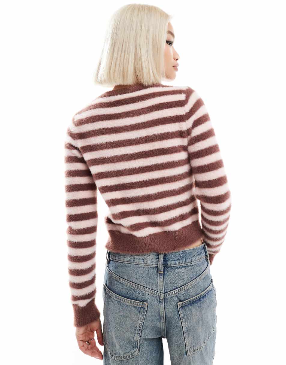 Daisy Street micro button up knit cardigan in pink brown stripe