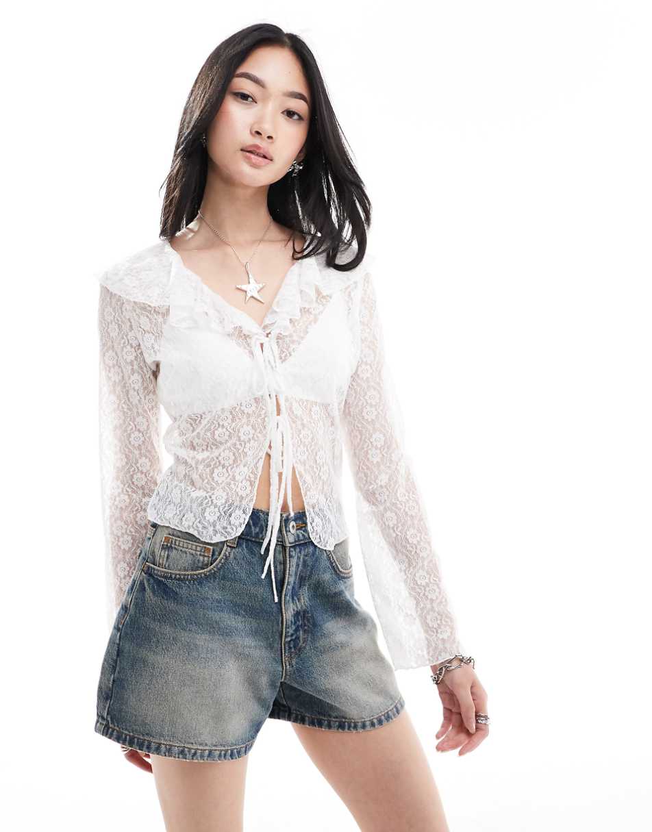 Daisy Street frill front vintage lace blouse in ivory