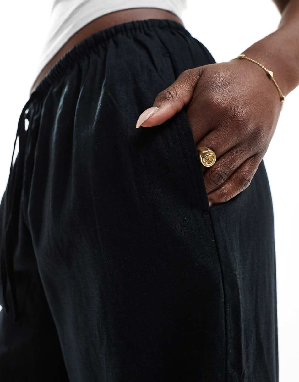 Bershka tie waist wide leg linen pants in black