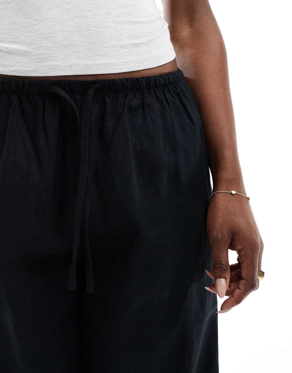 Bershka tie waist wide leg linen pants in black