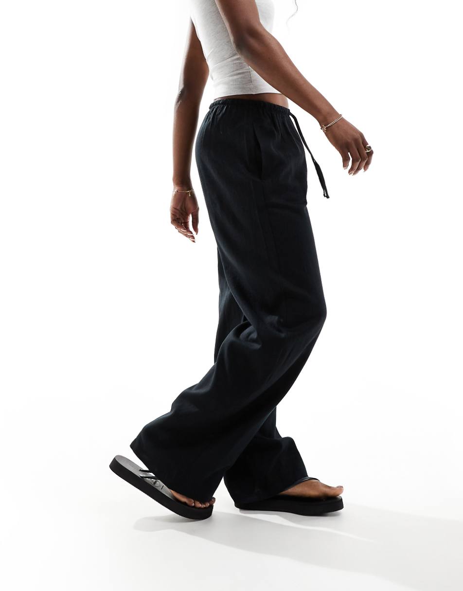 Bershka tie waist wide leg linen pants in black