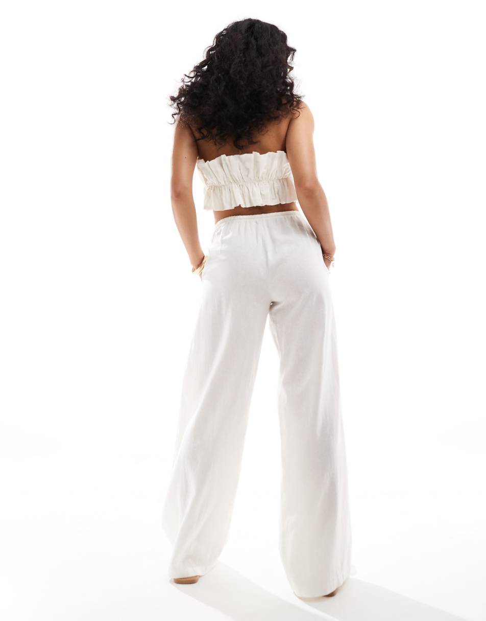 Bershka tie waist wide leg linen pants in white