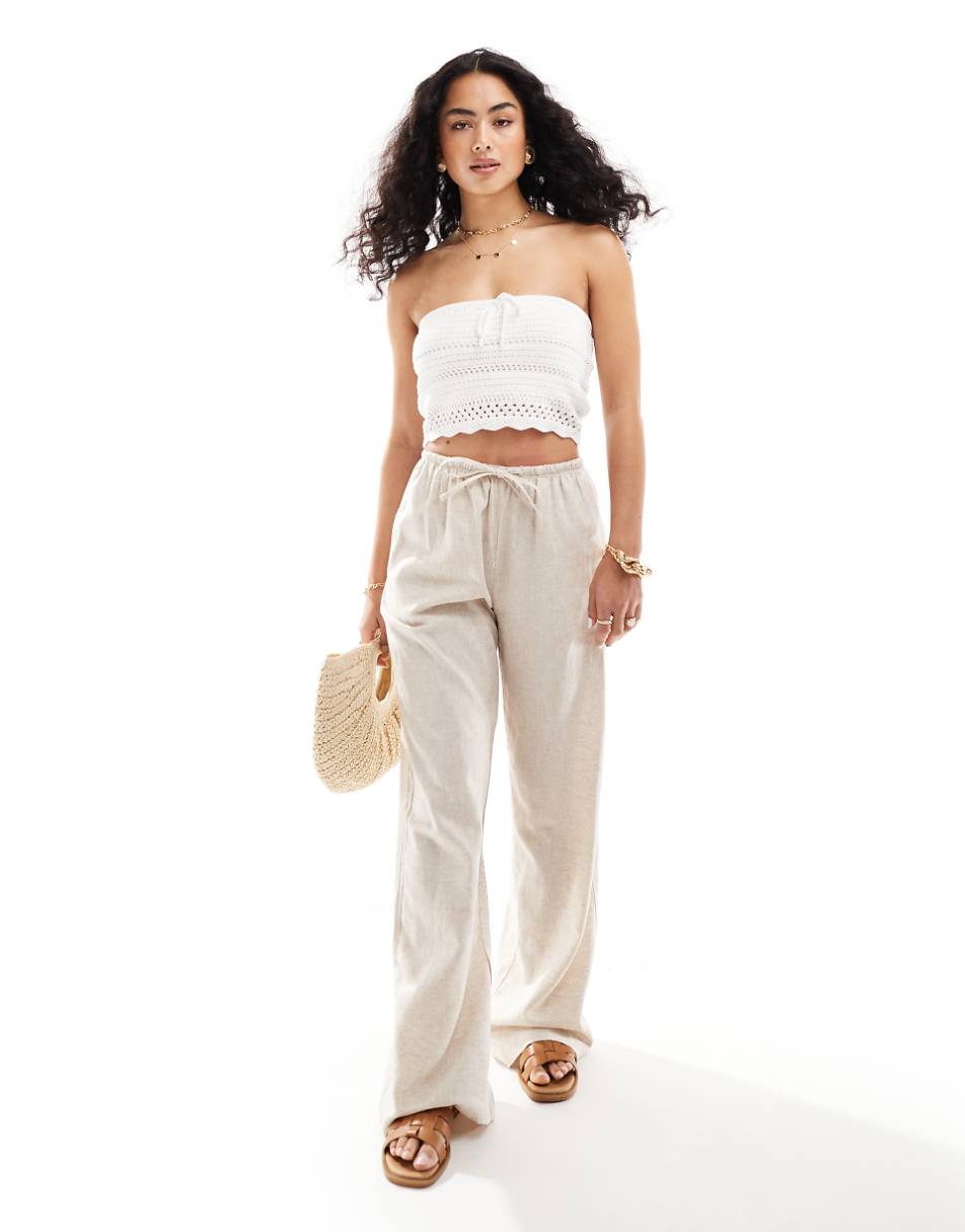Bershka tie waist wide leg linen pants in sand
