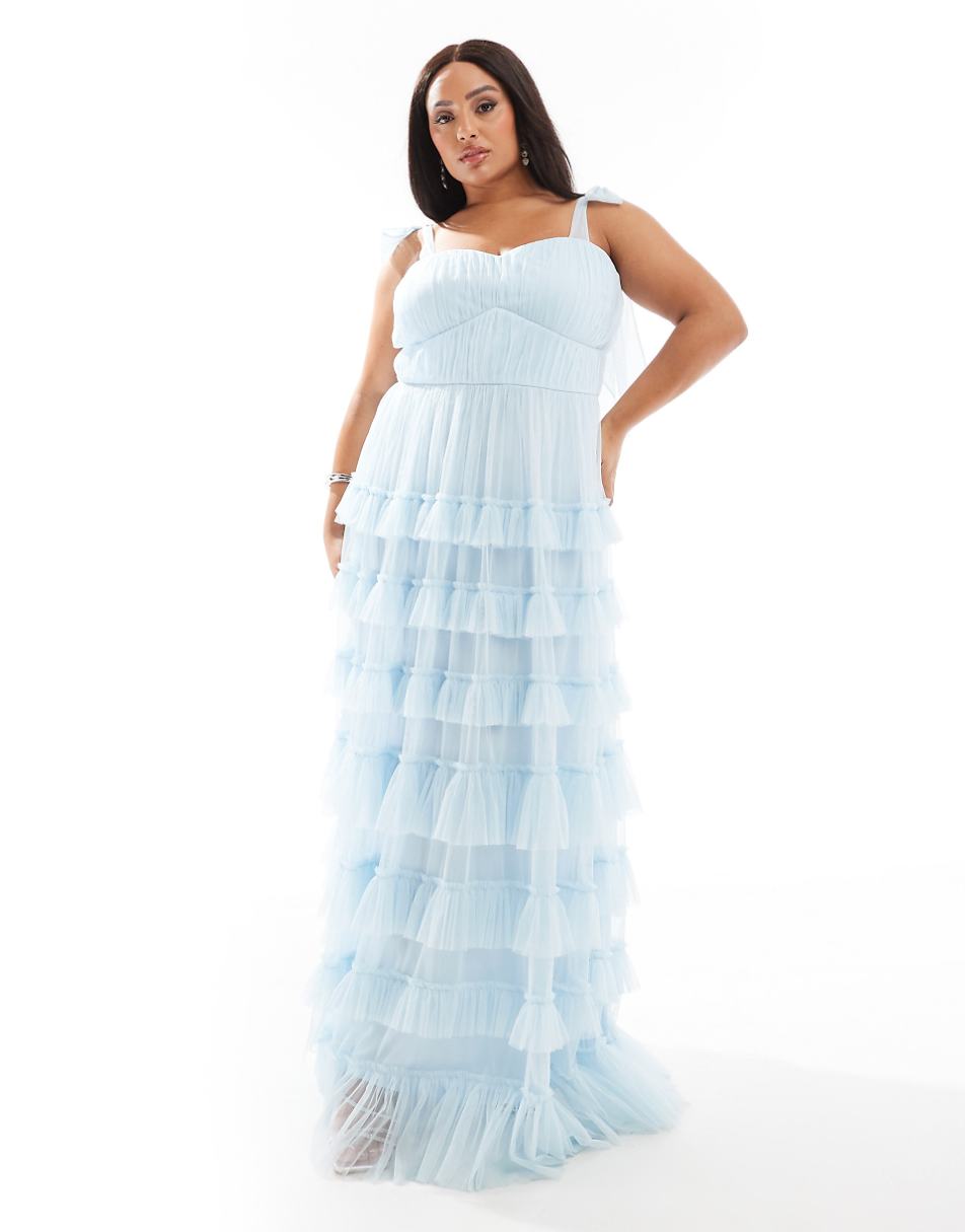 Lace & Beads Plus tiered ruffle midaxi dress in sky blue