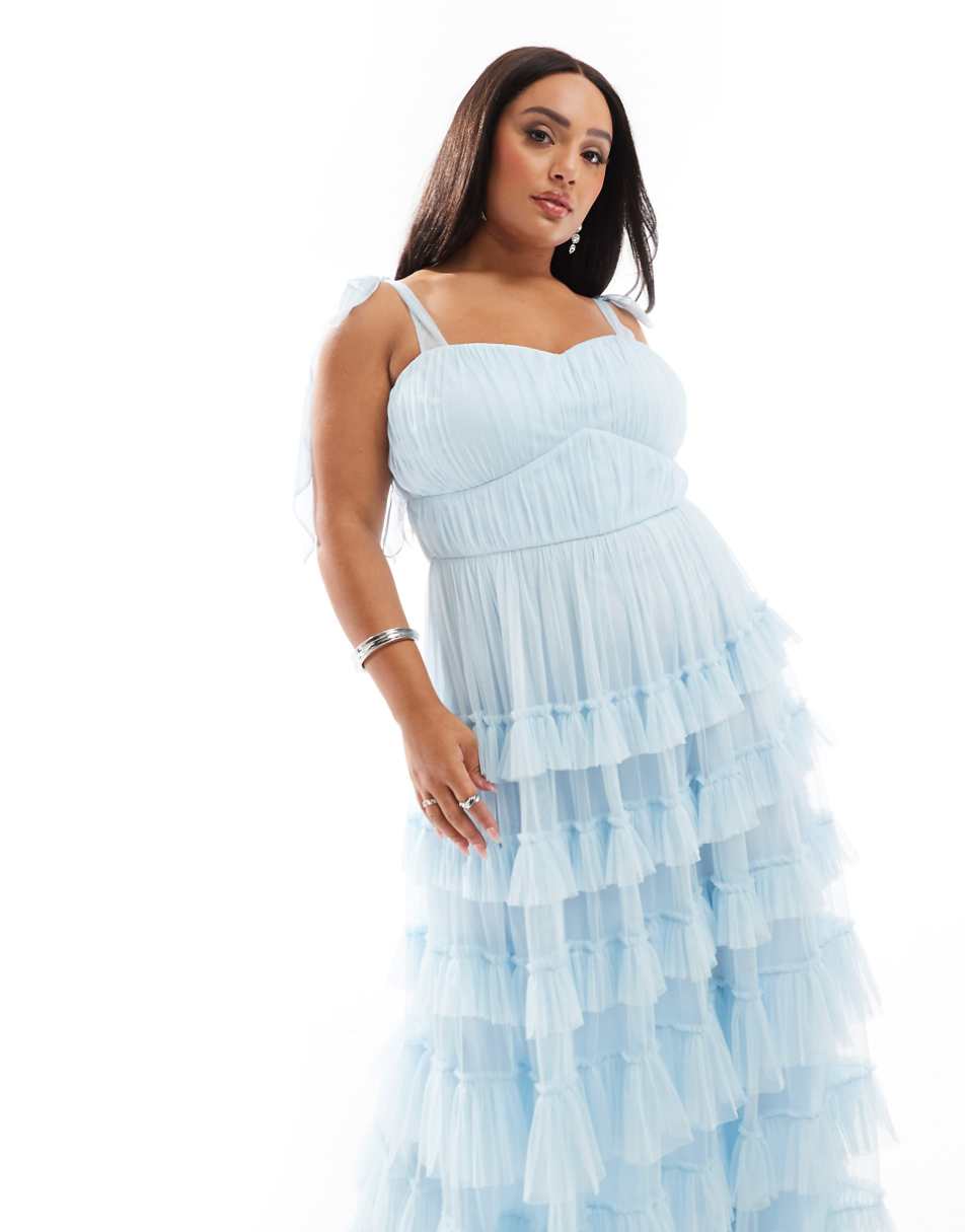 Lace & Beads Plus tiered ruffle midaxi dress in sky blue