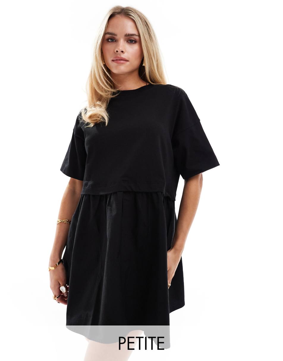 Miss Selfridge Petite short sleeve poplin hybrid smock mini t-shirt dress in black