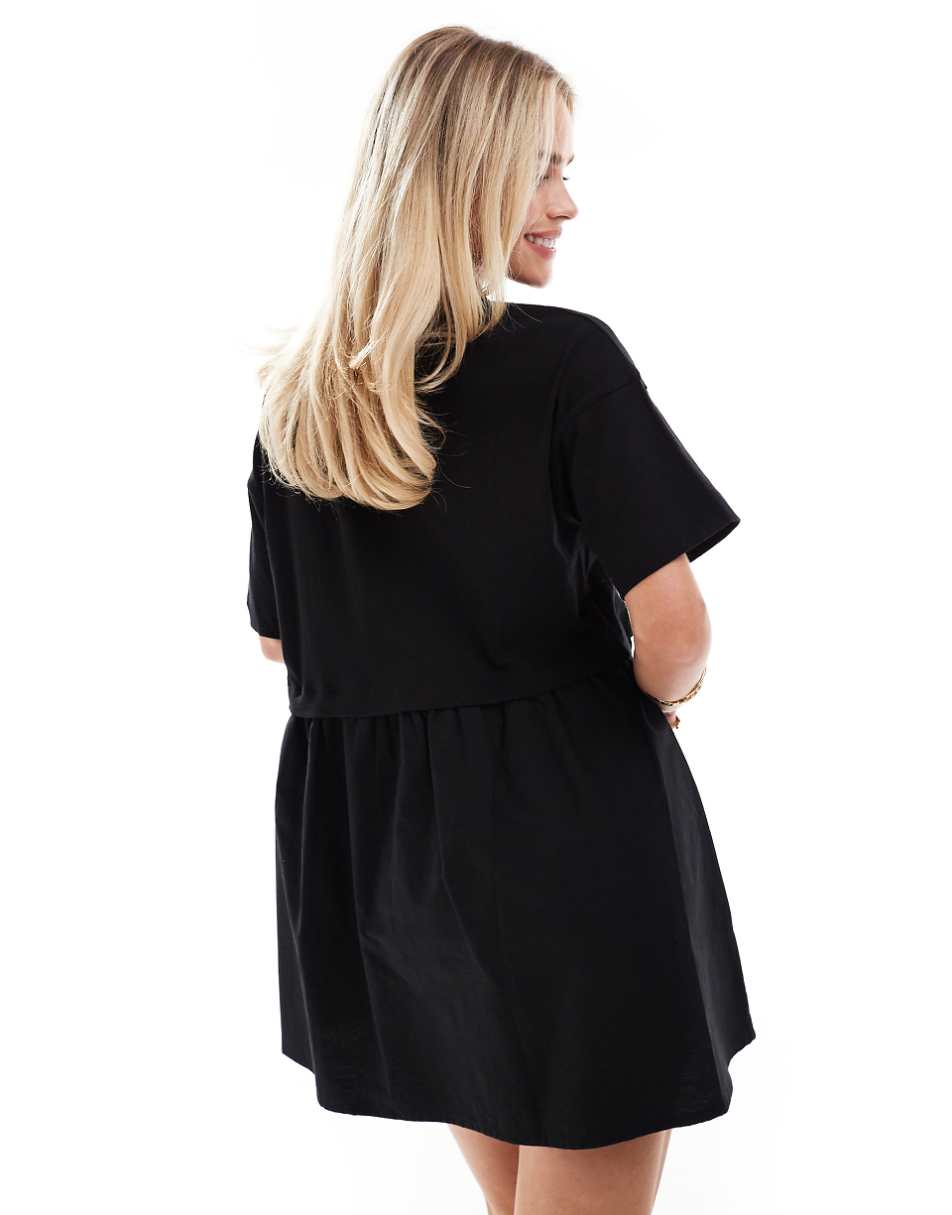 Miss Selfridge Petite short sleeve poplin hybrid smock mini t-shirt dress in black