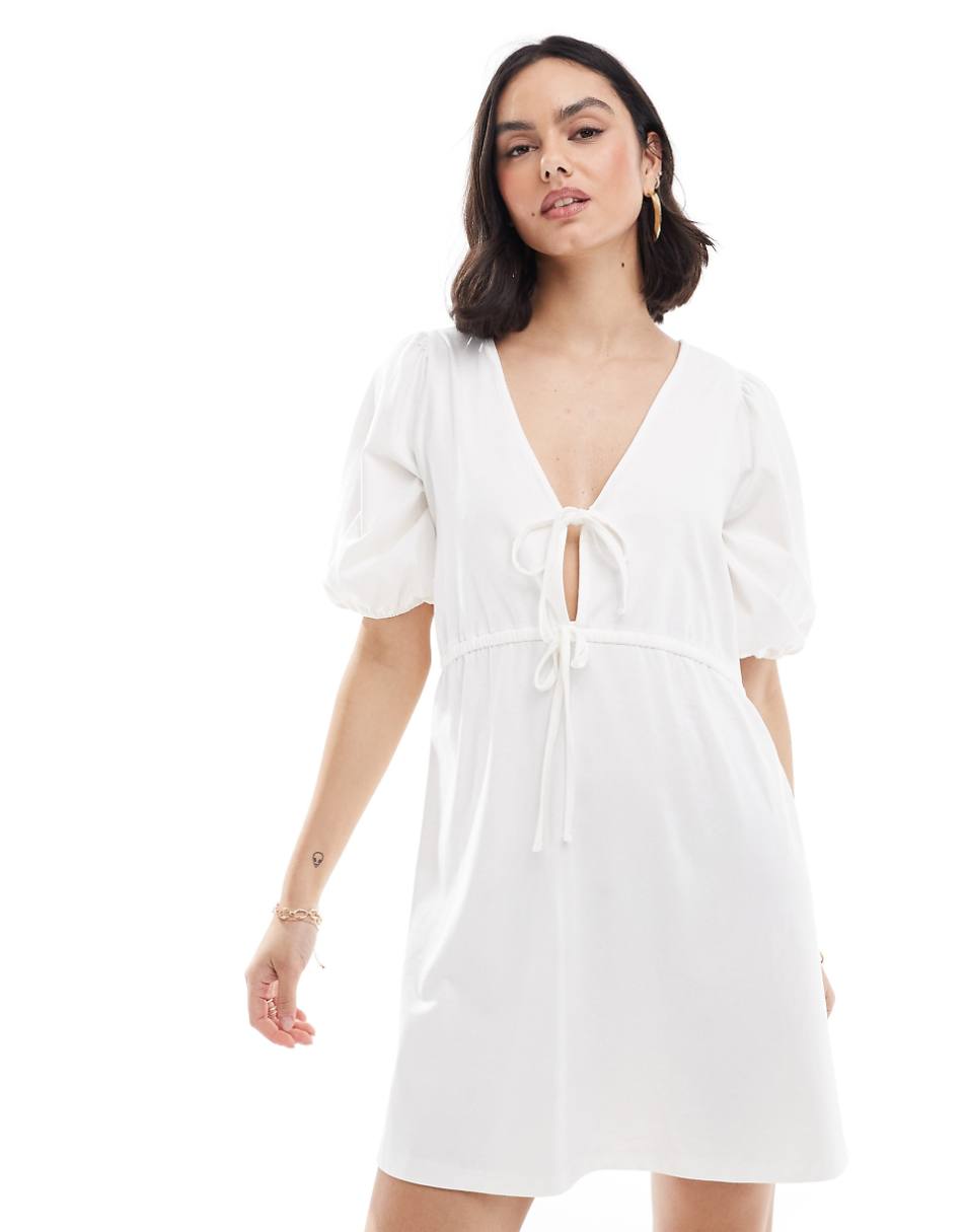 ASOS DESIGN puff sleeve mini dress with tie up bodice in white