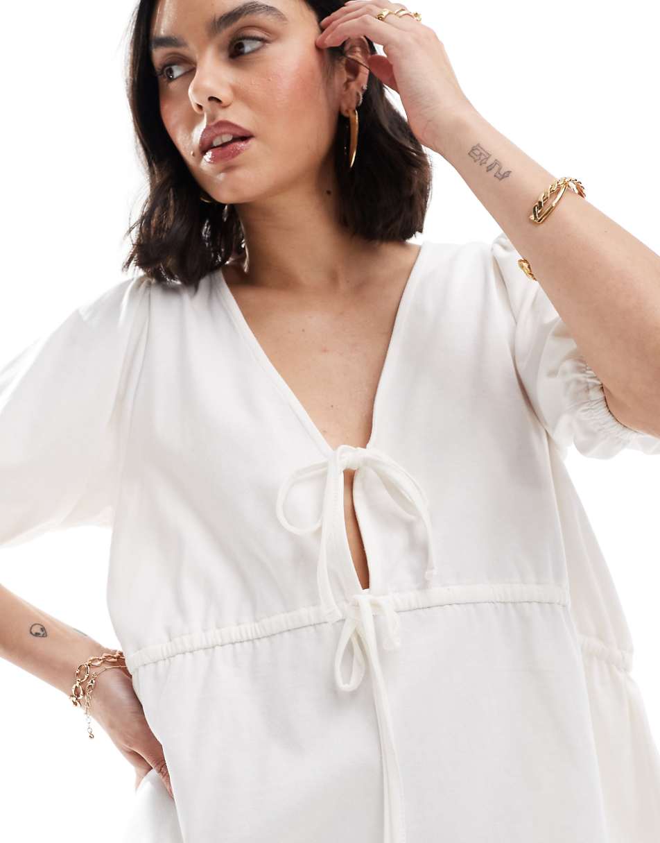 ASOS DESIGN puff sleeve mini dress with tie up bodice in white