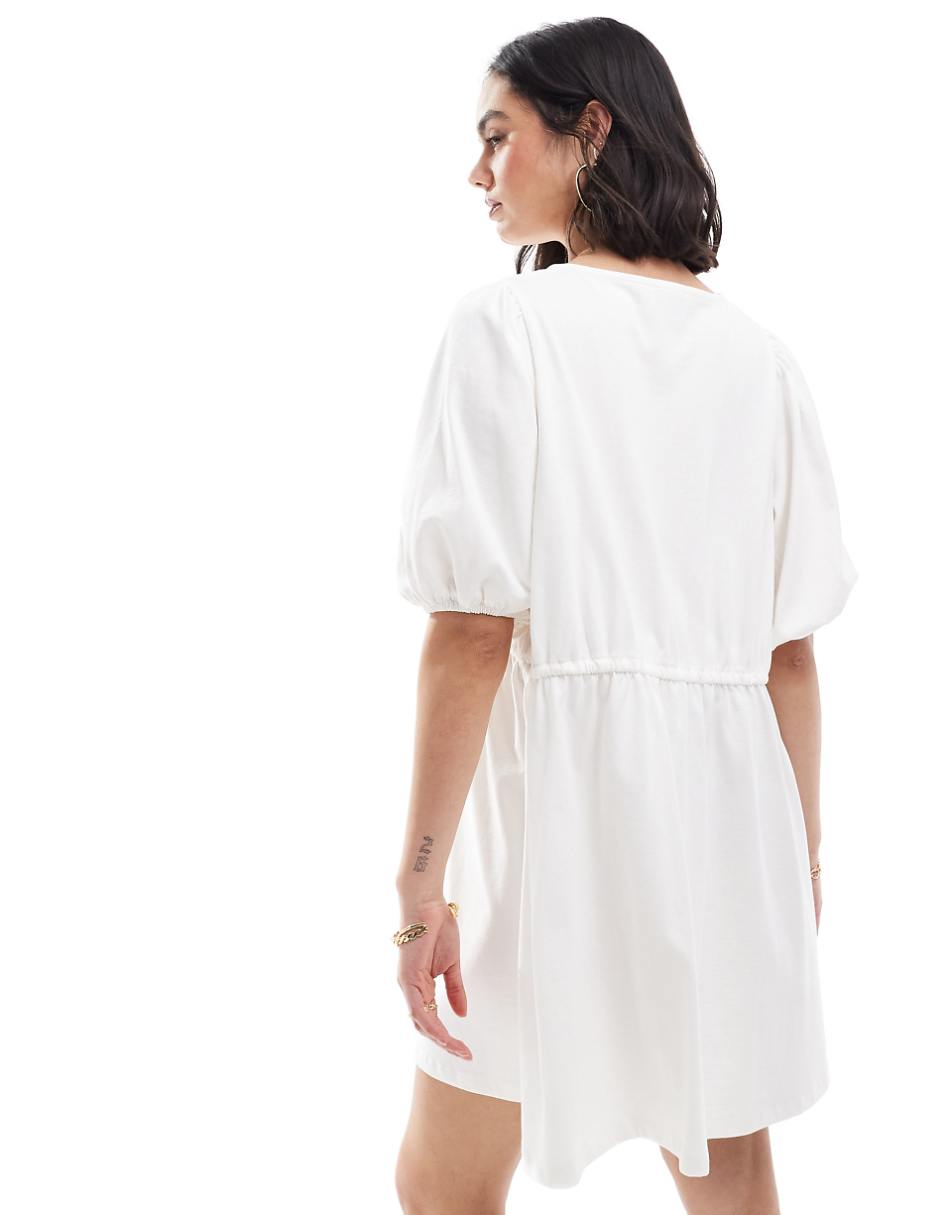 ASOS DESIGN puff sleeve mini dress with tie up bodice in white