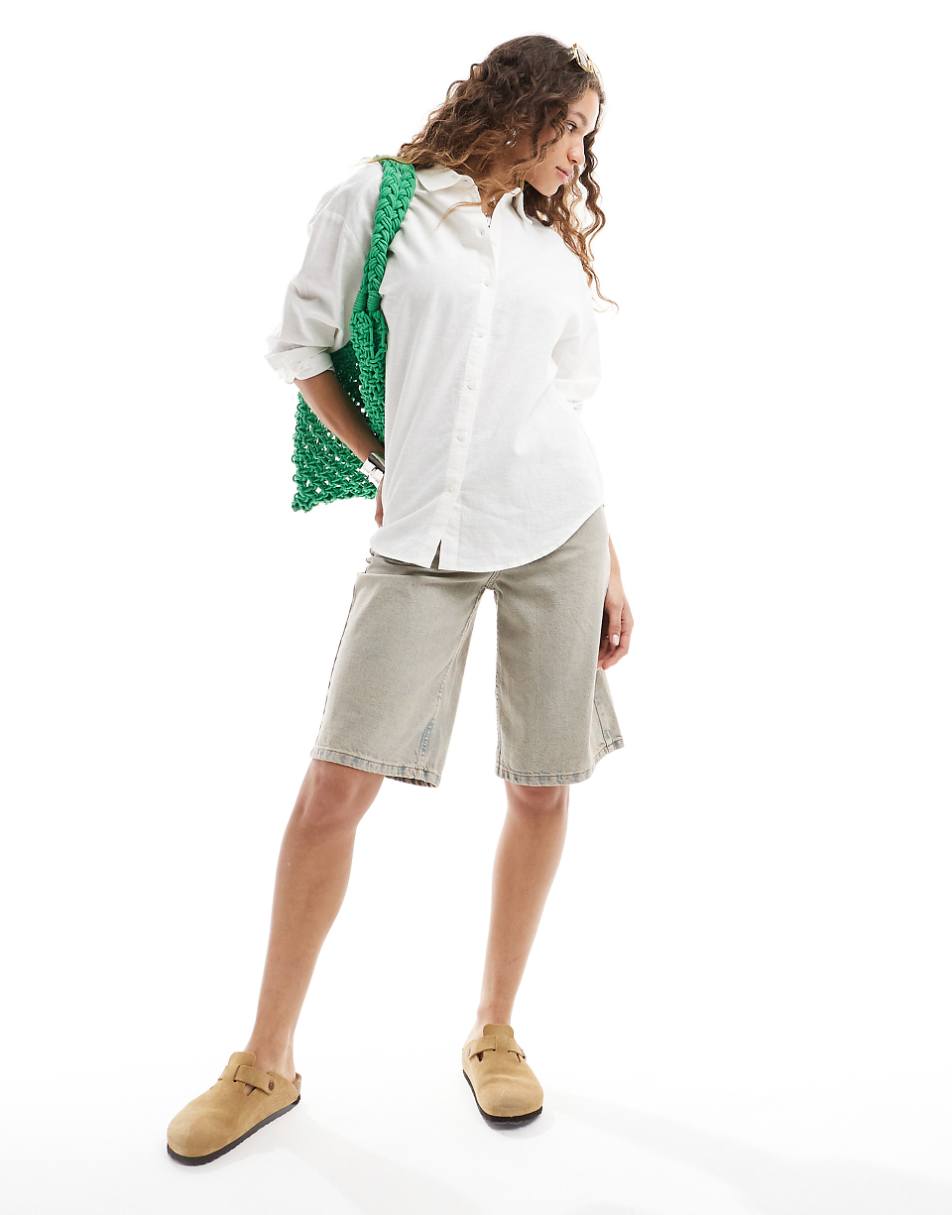 Monki linen-blend oversized shirt in white