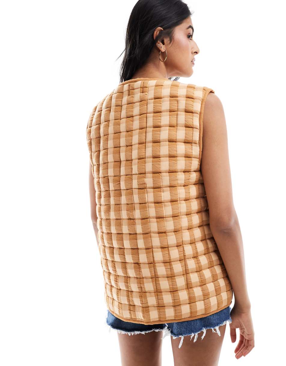 ASOS DESIGN quilted vest with bows in brown gingham