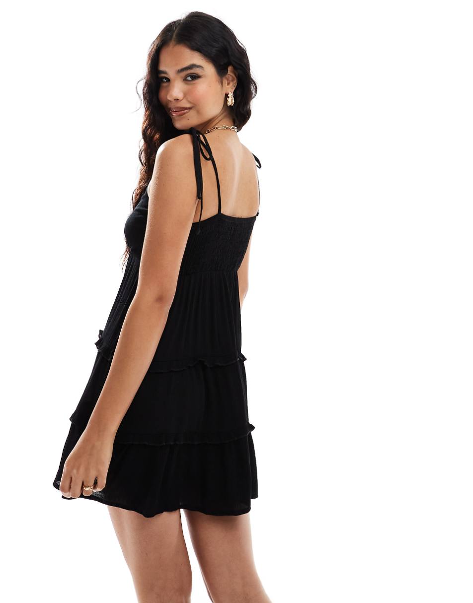 Miss Selfridge cheesecloth tiered mini sundress in black