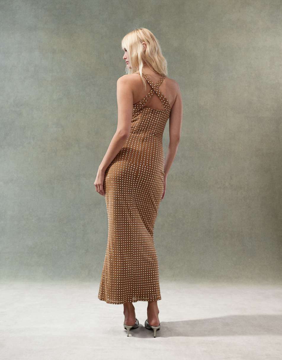 ASOS DESIGN scooped halter neck midi dress in laser cut hotfix in tan
