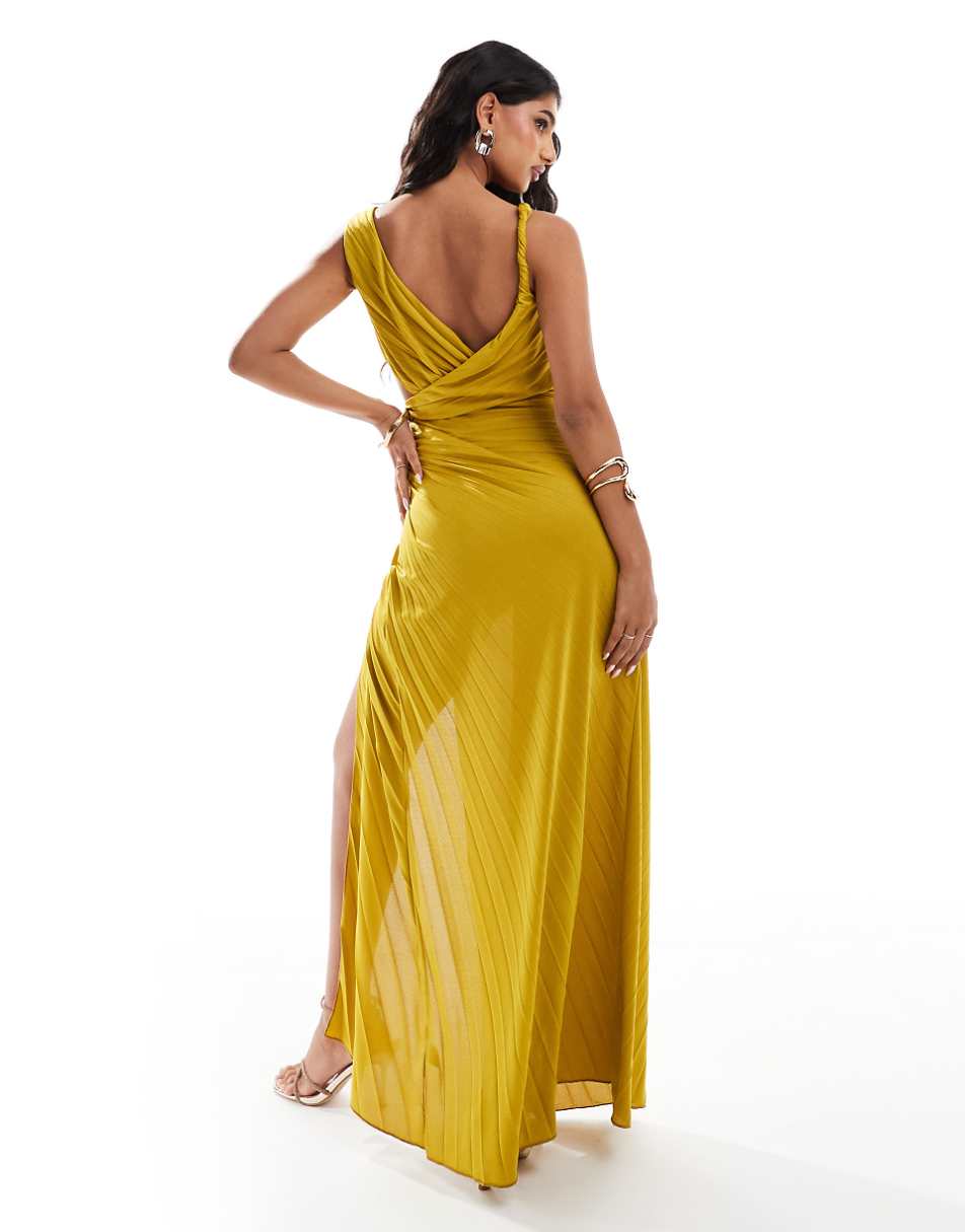 ASOS DESIGN twist shoulder v-neck pleated maxi dress in mustard yellow