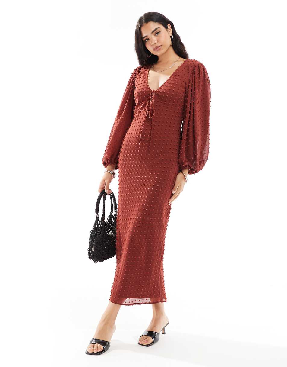 ASOS DESIGN textured balloon sleeve midi dress in rust