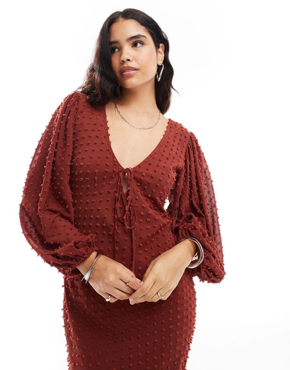 ASOS DESIGN textured balloon sleeve midi dress in rust