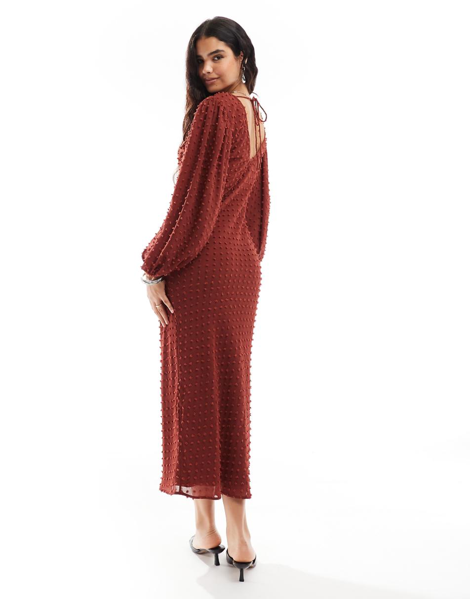 ASOS DESIGN textured balloon sleeve midi dress in rust