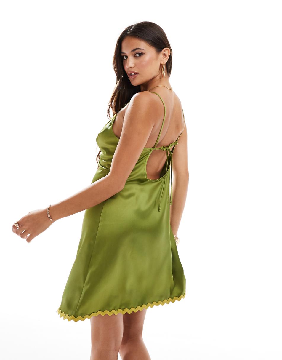 ASOS DESIGN satin mini slip dress with contrast rik rak trim in olive
