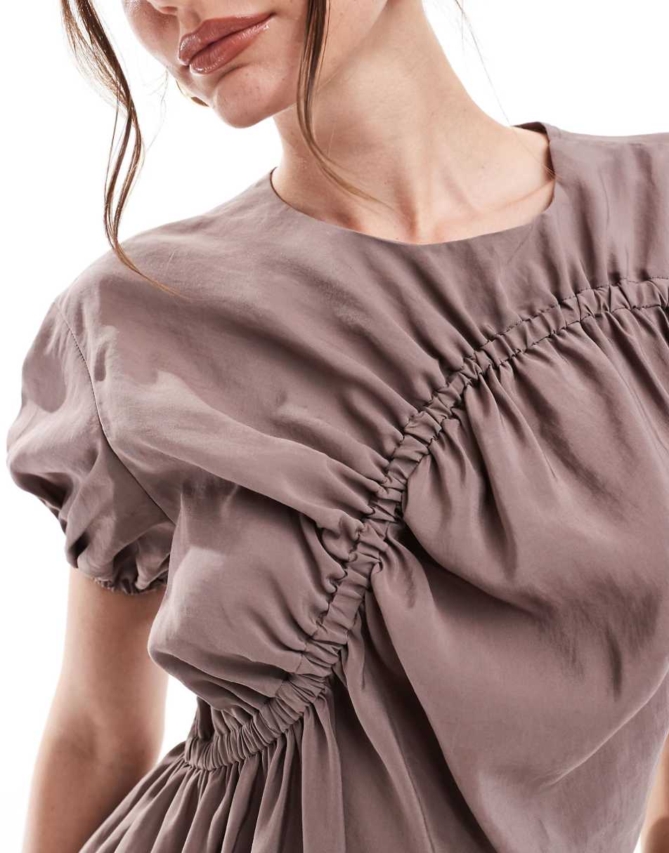 ASOS DESIGN puff sleeve mini smock dress with ruching detail in orange