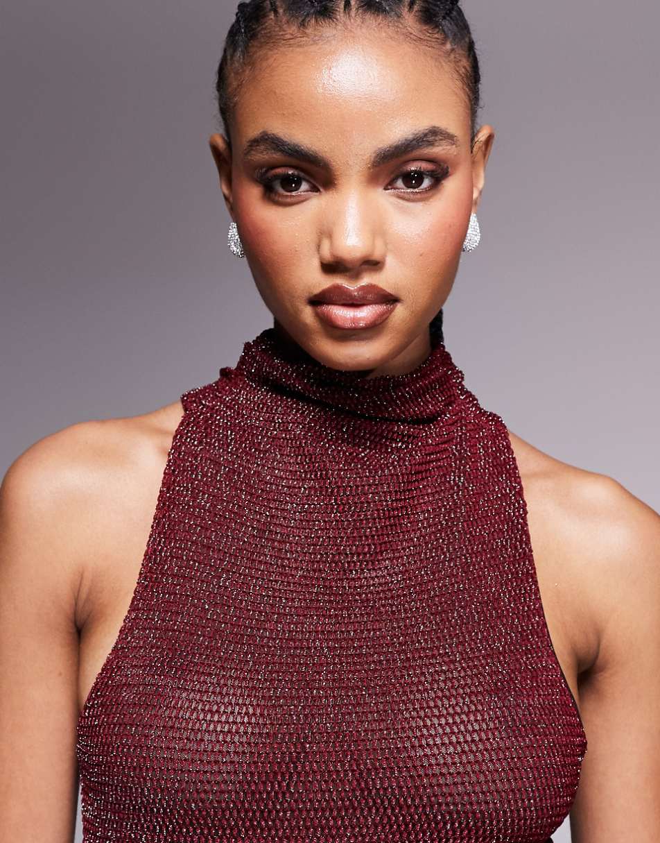 ASOS DESIGN shimmer knit high neck halter maxi dress in burgundy