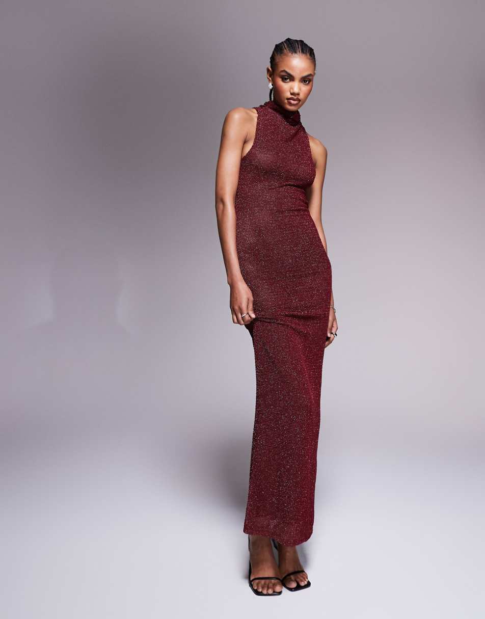 ASOS DESIGN shimmer knit high neck halter maxi dress in burgundy