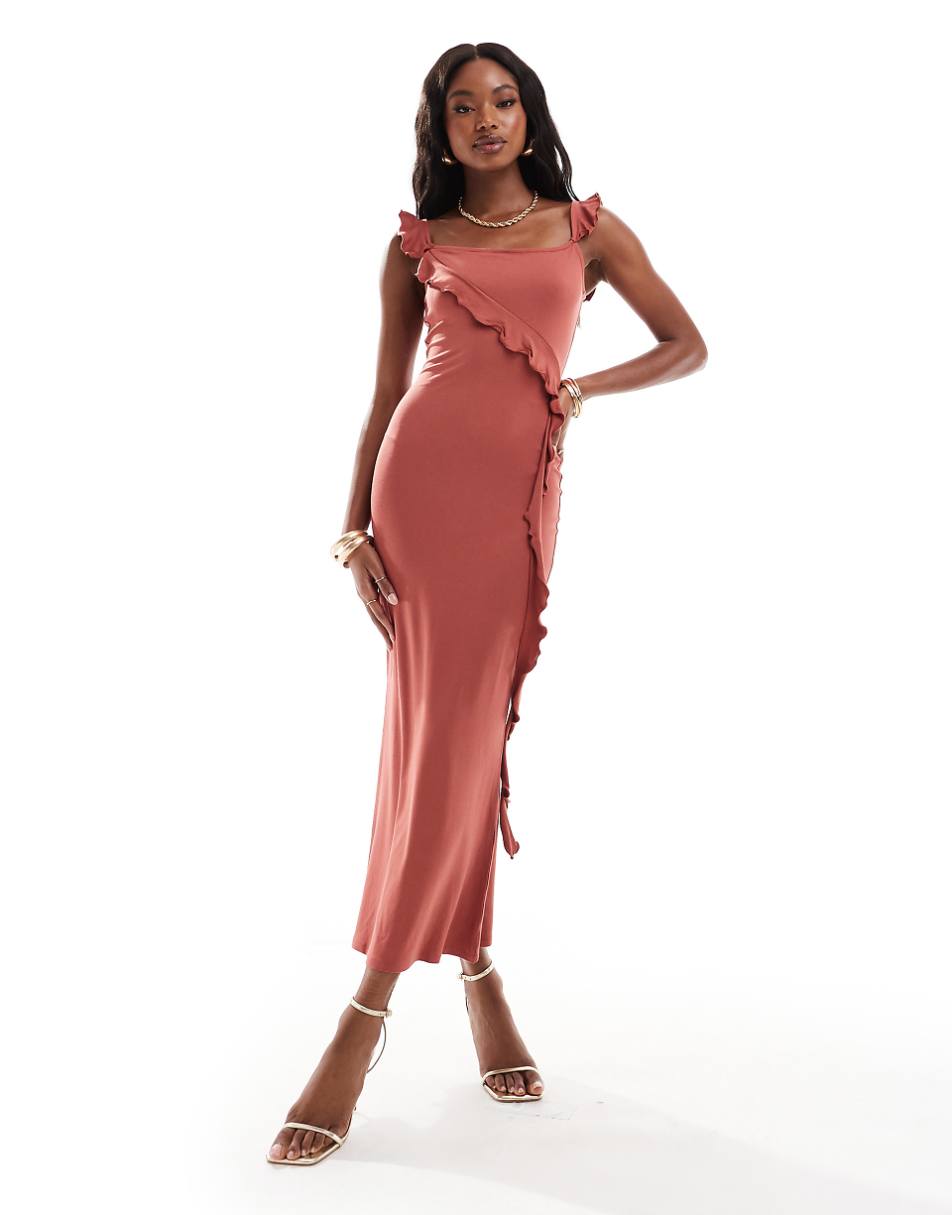 ASOS DESIGN sleeveless midi dress with asymmetric ruffle detail in rust