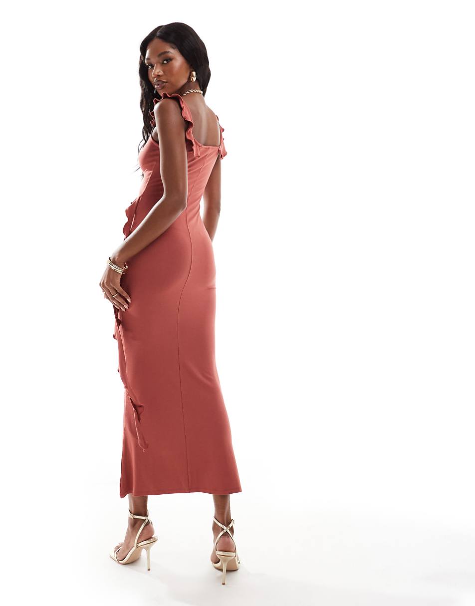 ASOS DESIGN sleeveless midi dress with asymmetric ruffle detail in rust